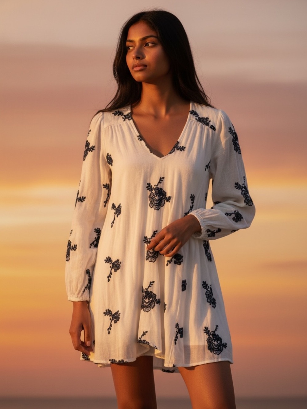 Free People White Floral Embroidered V-Neck Tunic Dress